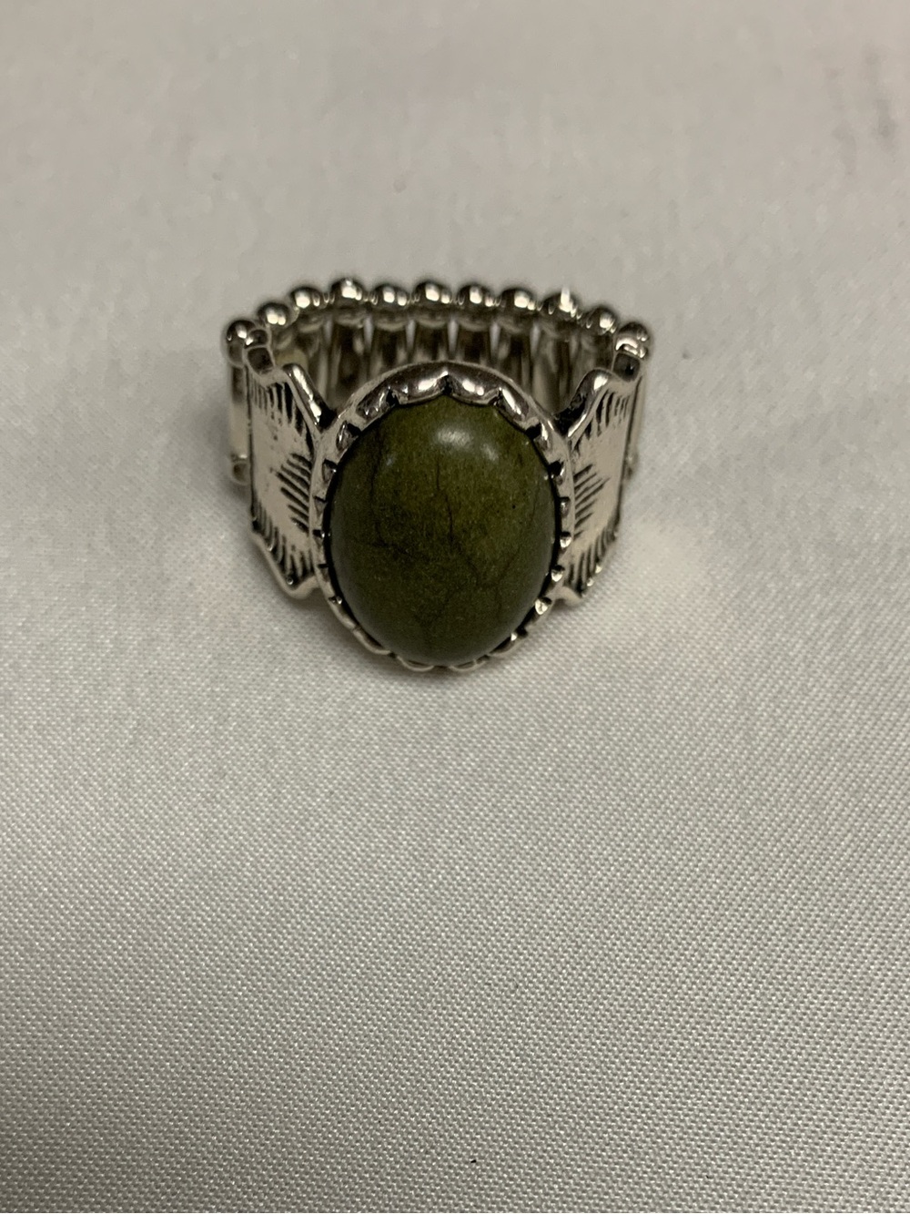 Silver-Tone Oval Olive Green Stone Stretch Ring